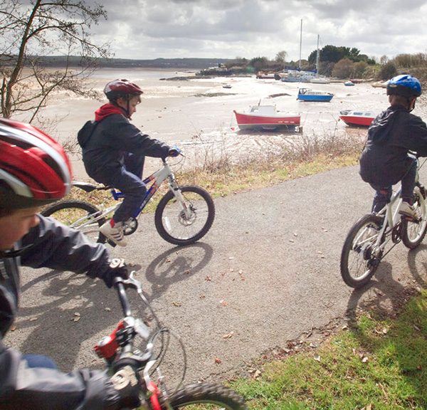 Children cycling on the Tarka Trail along the Taw estuary between Barnstaple and Braunton near Chivenor